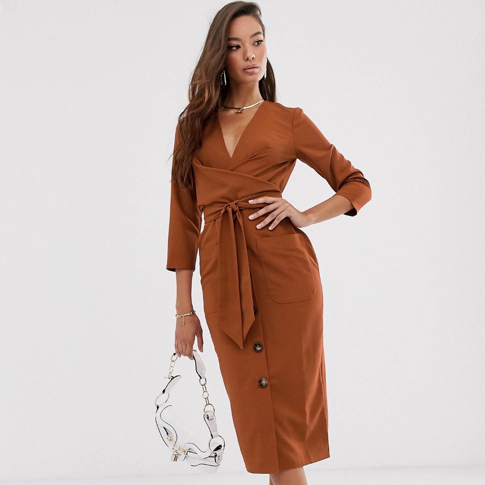 Rust - Button through tie wrap around midi dress